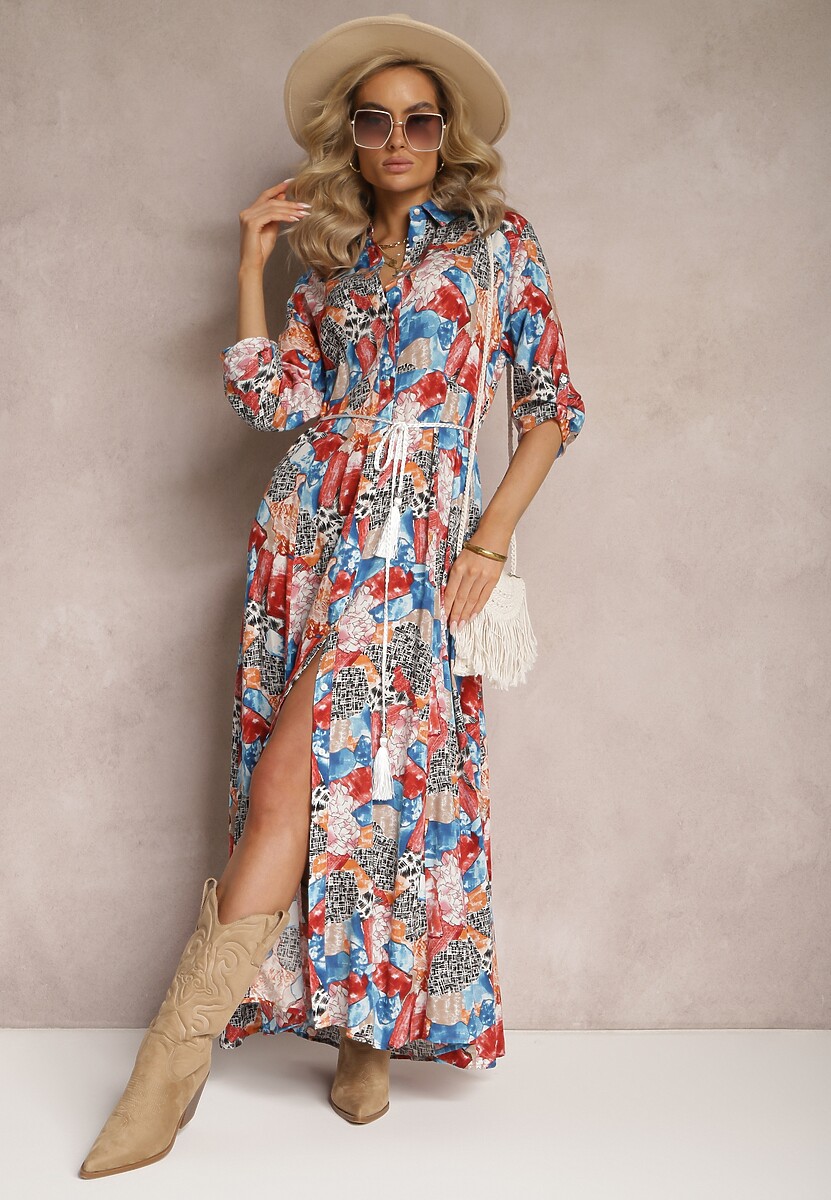 Czerwono-Niebieska Sukienka Koszulowa z Wiązanym Sznurkiem Longishah