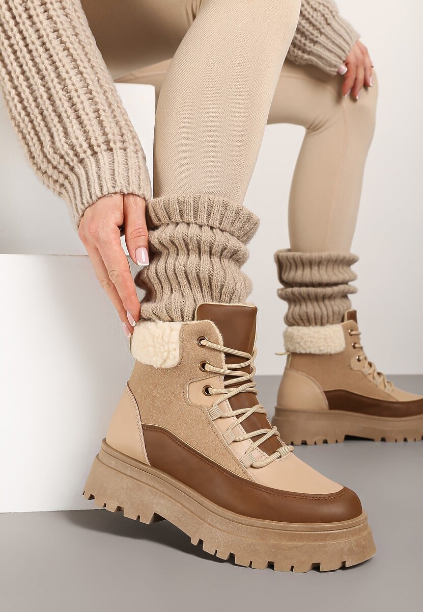 Ciemnobeżowe Traperki  Sznurowane Trapery Janne