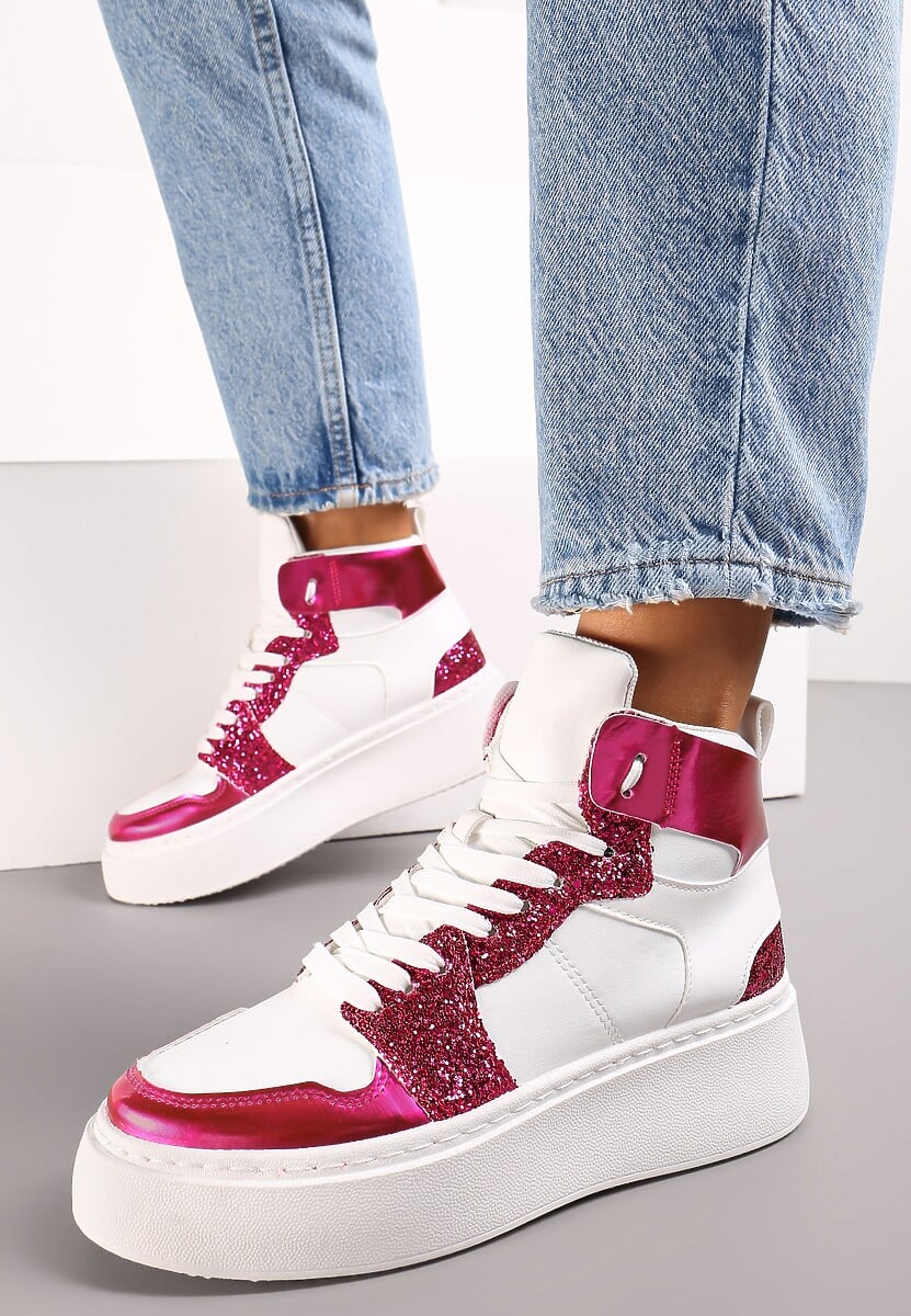 Biało-Fuksjowe Sznurowane Sneakersy za Kostkę z Brokatem i Metalicznymi Wstawkami Sareena