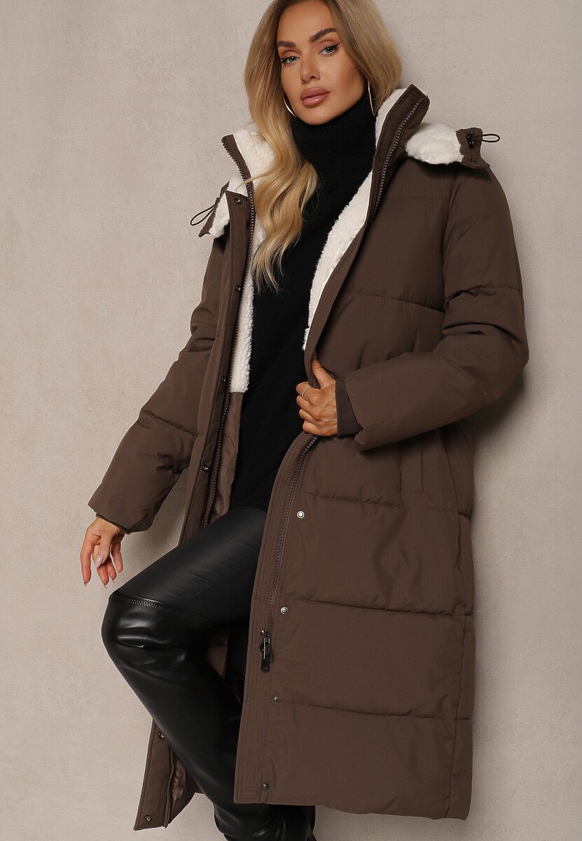 Brązowa Pikowana Kurtka o Długim Kroju z Odpinanym Kapturem i Kieszeniami Etanore
