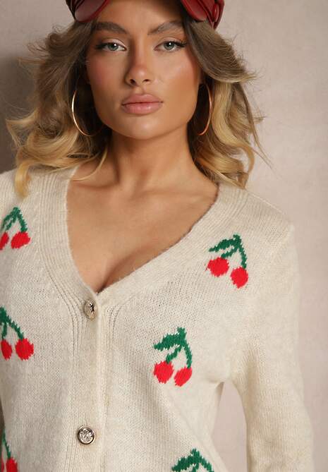 Beżowy Kardigan z Dekoltem w Kształcie Litery V we Wzór z Wisienkami Nelanel