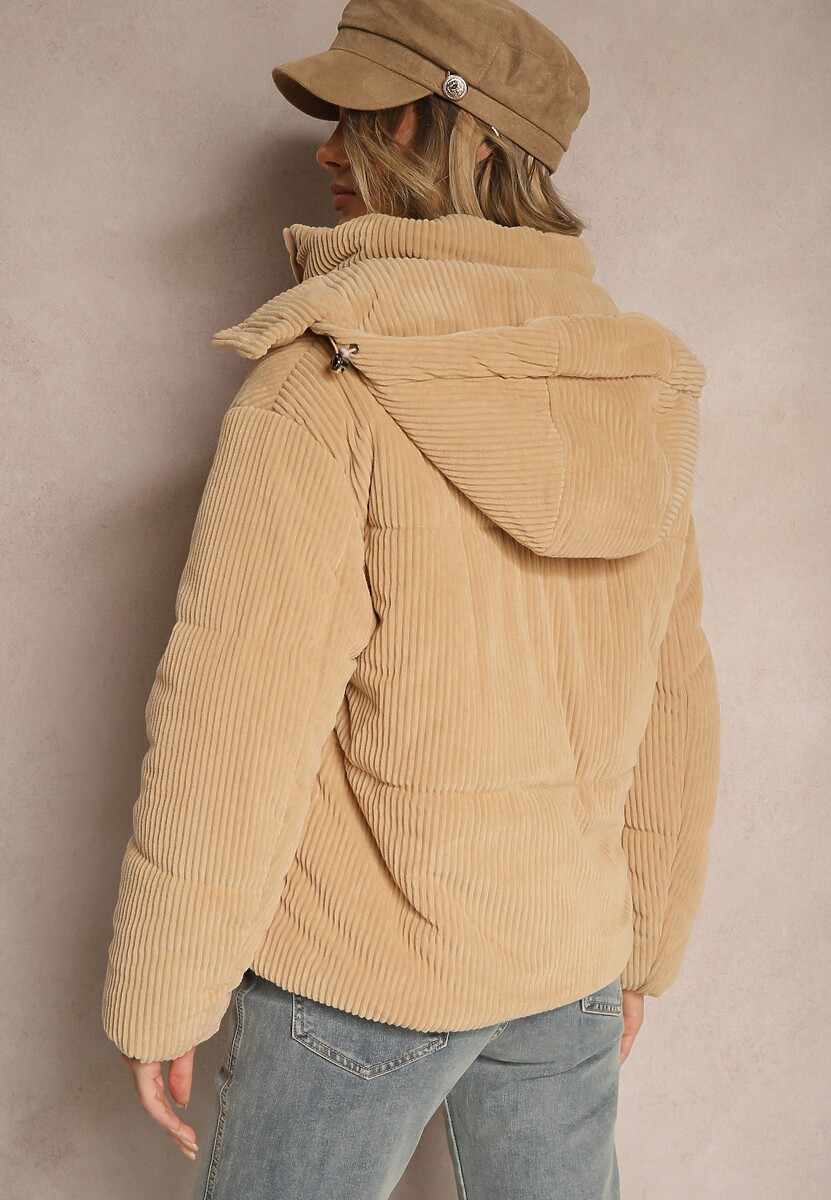 Beżowa Puchowa Kurtka Sztruksowa z Kapturem z Możliwością Odpięcia Sinrielle