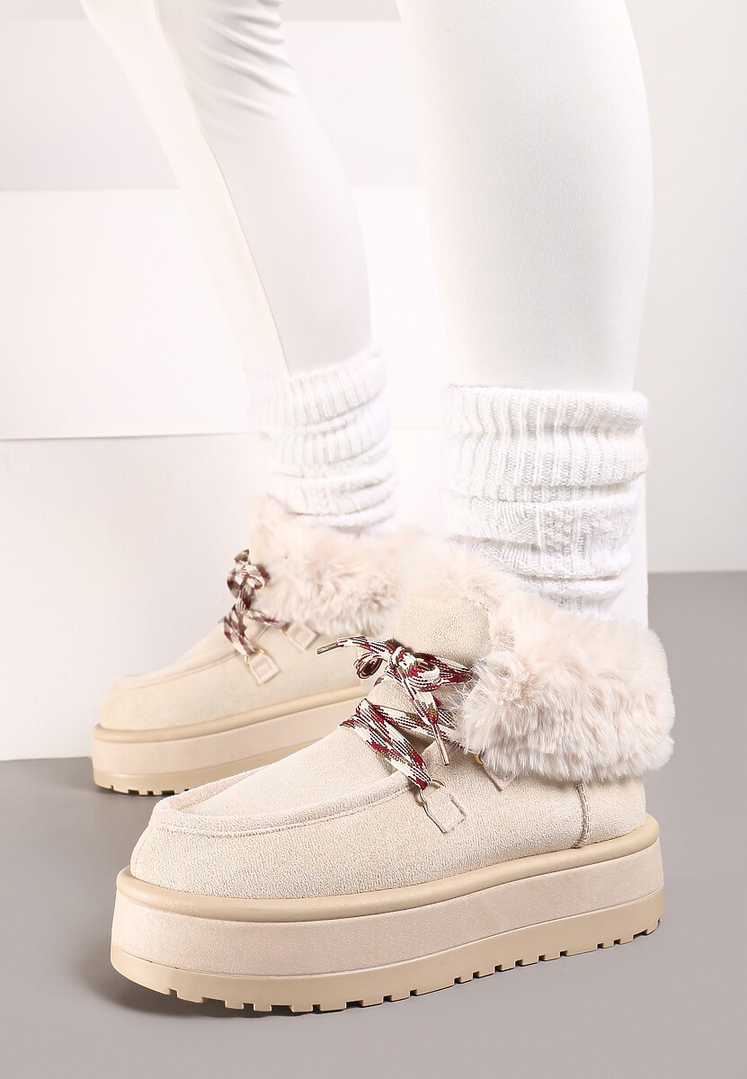 Beżowe Sznurowane Śniegowce na Platformie Ocieplone Futerkiem Liatheine