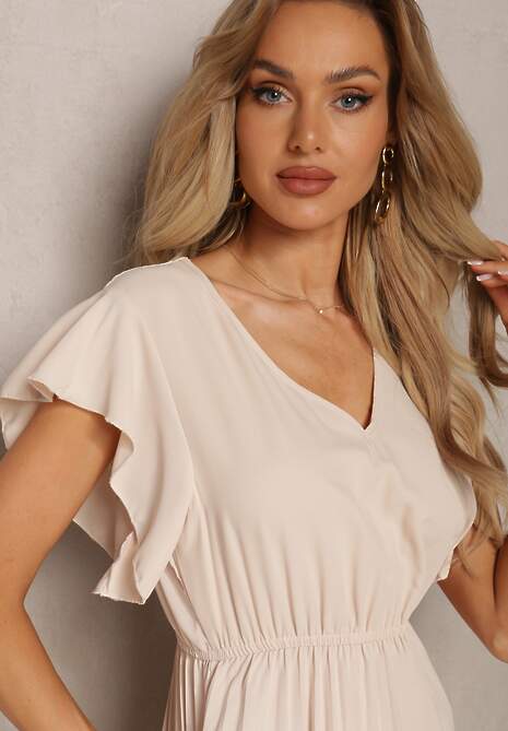 Beżowa Rozkloszowana Sukienka z Plisami Maxi z Falbankami przy Ramionach Nethula