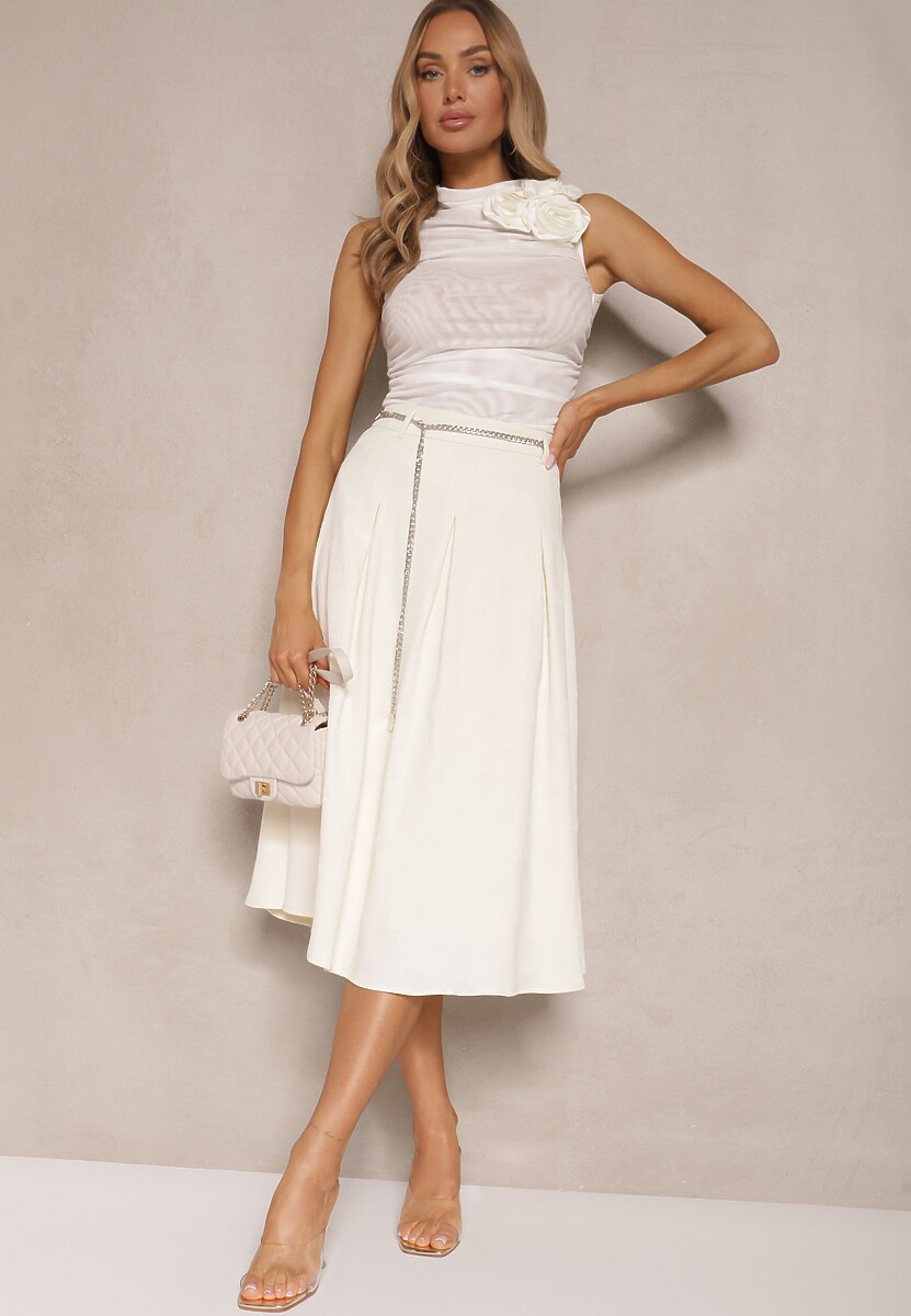 Czarna Spódnica Rozkloszowana z Wiskozą High Waist Ozdobiona Łańcuszkiem Olirive