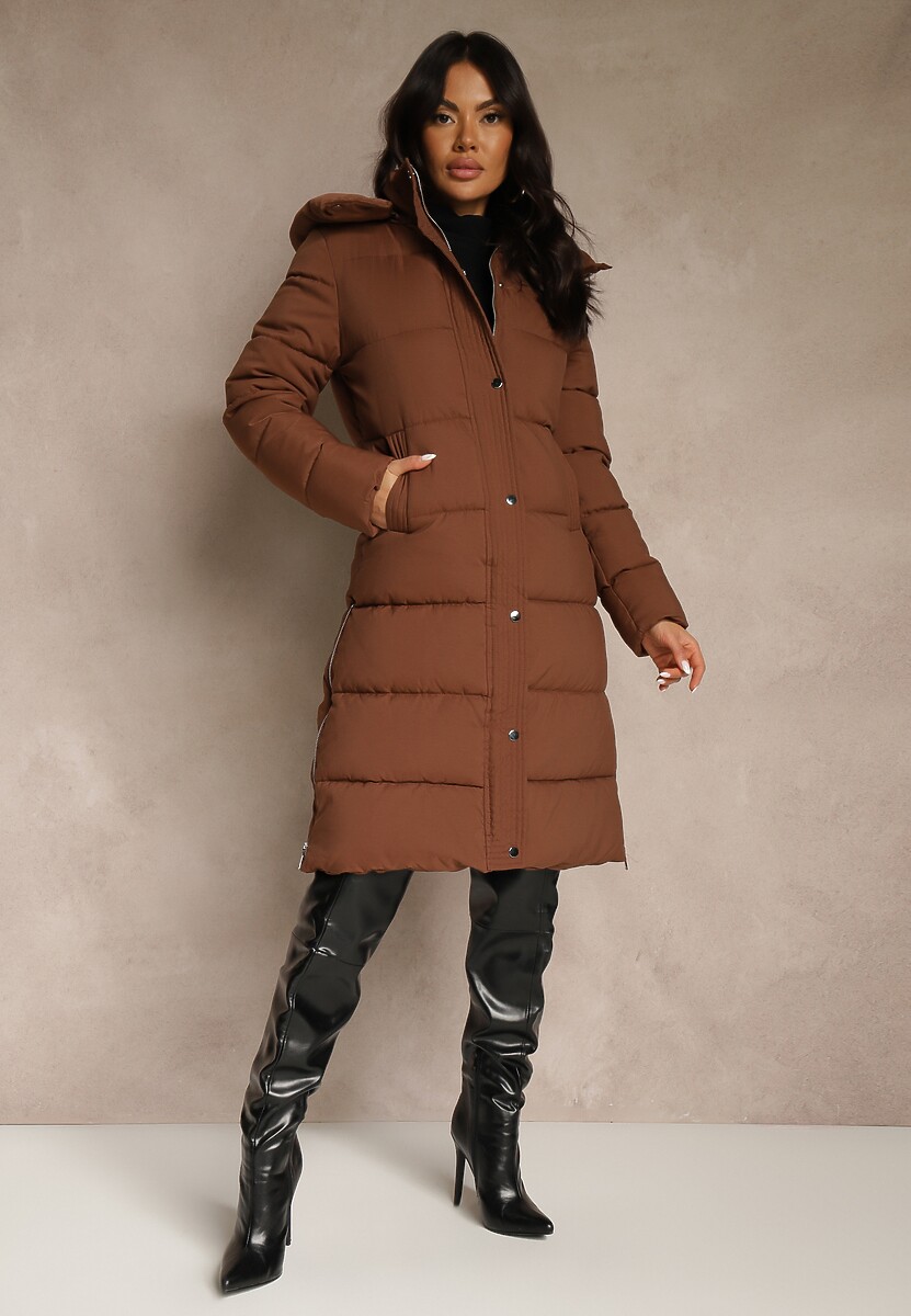Brązowa Kurtka Ozdobiona Pikowaniem z Odpinanym Kapturem i Suwakami po Bokach Zaiden