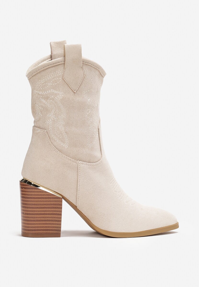 Beżowe Botki Kowbojki na Słupku z Przeszyciami Lindatora