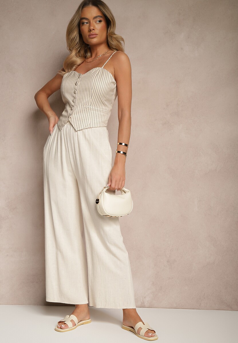 Beżowe Szerokie Spodnie z Lnem High Waist Sanitria