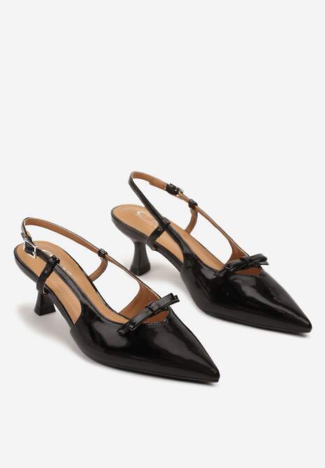 Czarne Sandały Lakierowane na Kaczuszce Typu Slingback z Kokardą Nonarilin