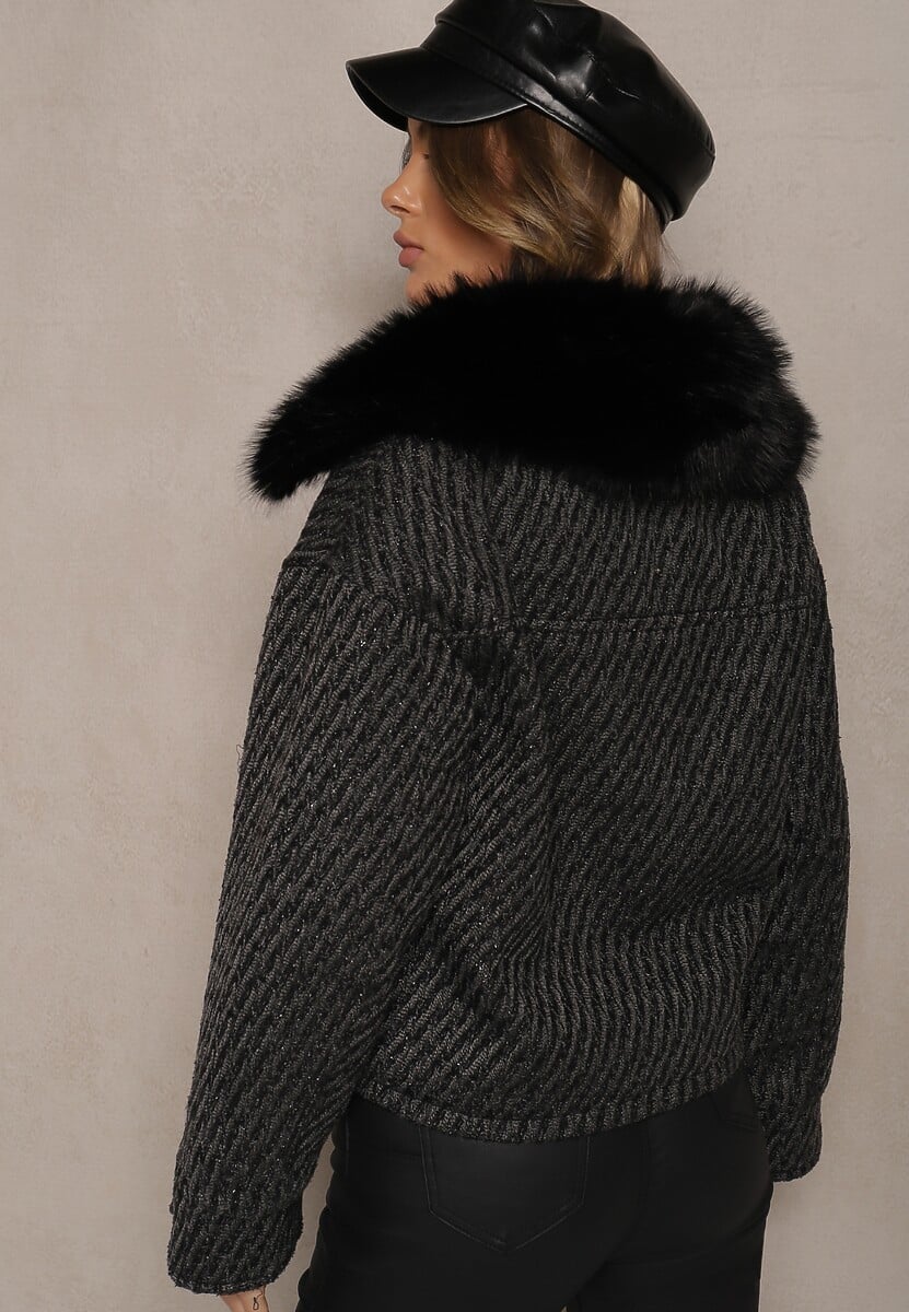 Czarna Elegancka Kurtka z Kołnierzem z Futerka i Błyszczącą Nicią Vertilora