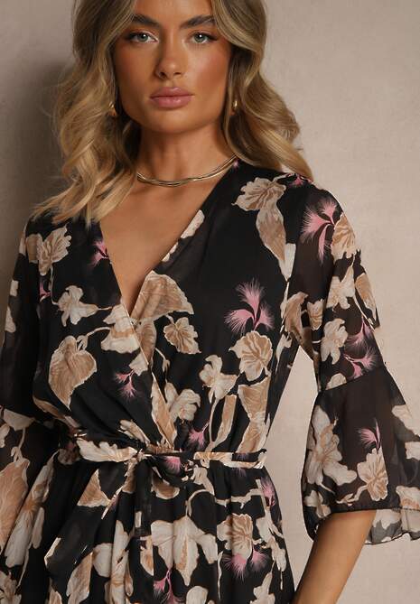 Czarna Asymetryczna Sukienka z Bawełny z Kopertowym Dekoltem i Wiązanym Paskiem Nitilira