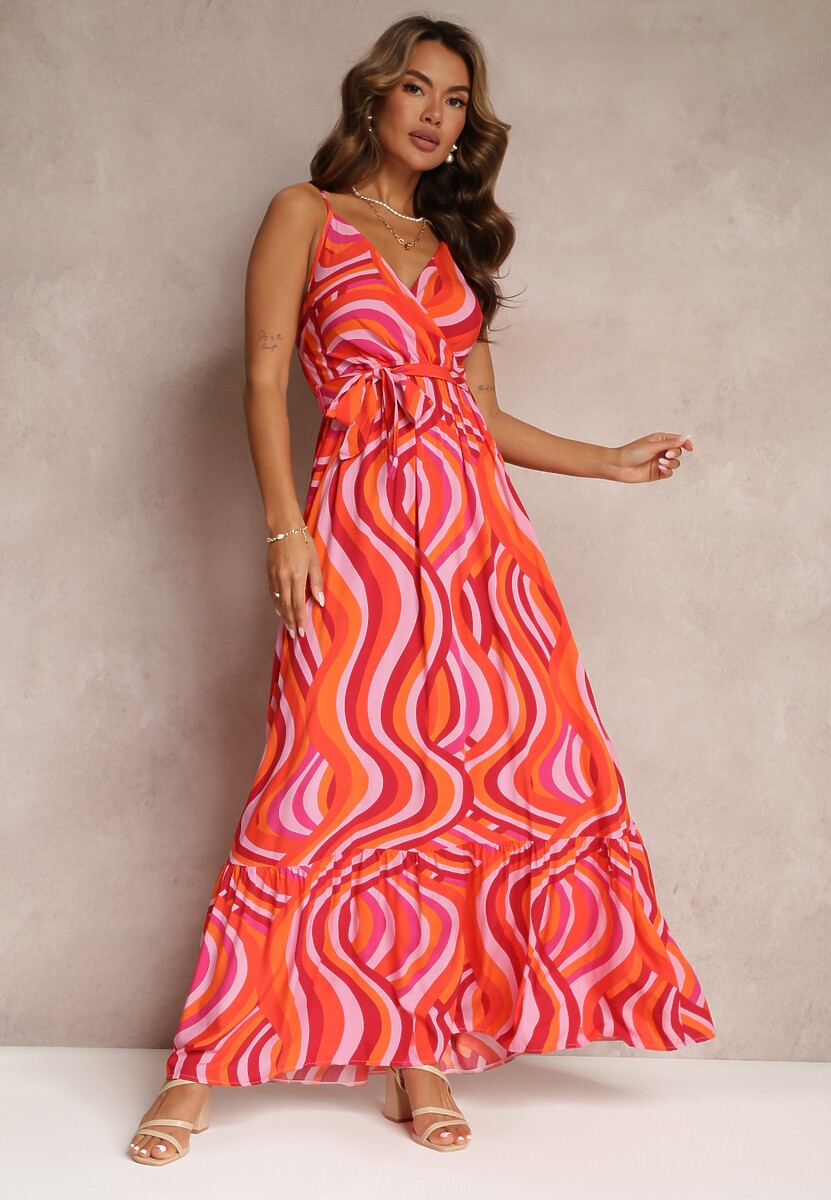 Niebieska Rozkloszowana Sukienka Maxi z Wiskozy z Gumką w Pasie i Kopertowym Dekoltem Mailen