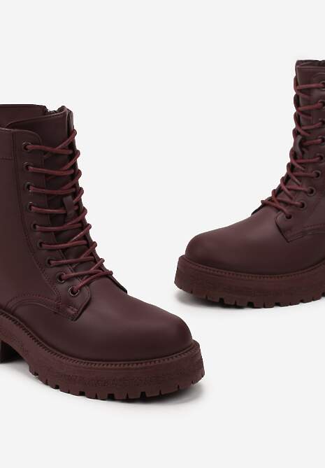 Bordowe Sznurowane Botki na Grubej Podeszwie Attira