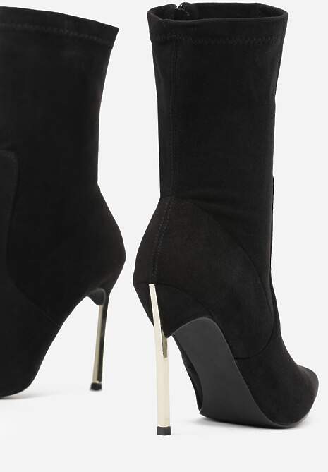 Czarne Botki na Szpilce Ozdobione Metaliczną Wstawką Amiltia