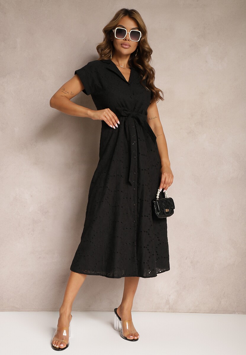 Czarna Rozkloszowana Koszulowa Sukienka z Bawełny z Ażurowym Zdobieniem i Paskiem Ilosofia
