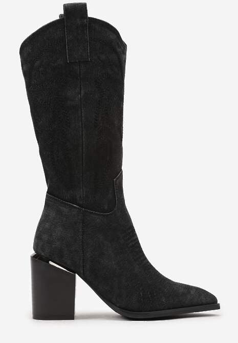 Czarne Botki na Słupku w Stylu Kowbojek Ozdobione Haftem Laorina