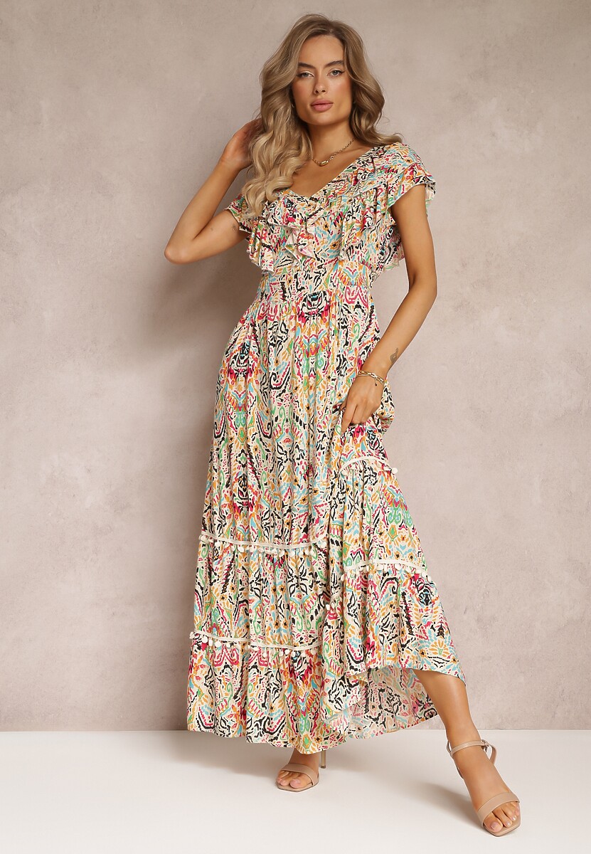 Beżowa Wiskozowa Sukienka Maxi z Pomponami i Gumką w Talii Belmona