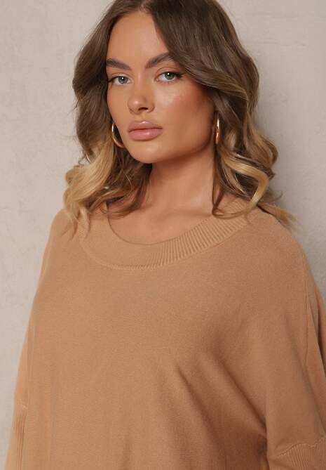 Beżowa Sukienka z Dzianiny z Modalem i Wiskozą ze Ściągaczem przy Dekolcie Zinralith