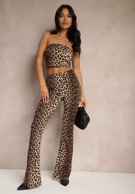 Beżowo-Brązowe Spodnie w Panterkę Dzwony Efralicea