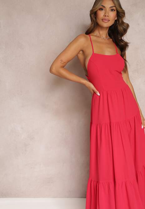 Czerwona Rozkloszowana Maxi Sukienka z Falbankami i Wiązaniem na Tyle Karins