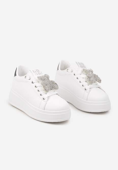 Biało-Srebrne Sneakersy Ozdobione Brokatowym Misiem Nevithaya
