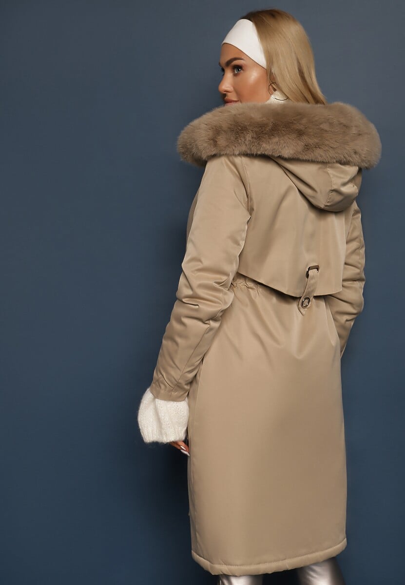 Beżowa Kurtka Płaszcz ze Ściągaczem i Kapturem z Ozdobnym Futerkiem Livieya