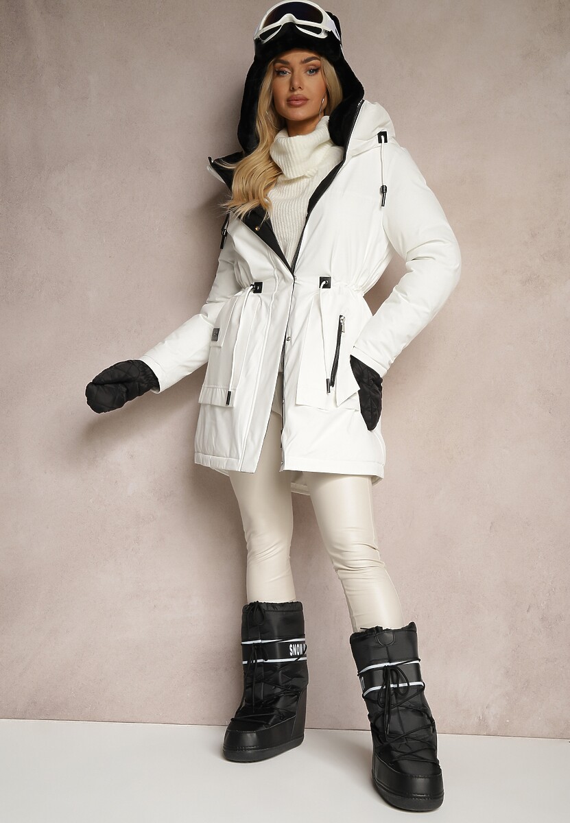 Biała Kurtka w Stylu Parki ze Ściągaczem i Kapturem Semelora