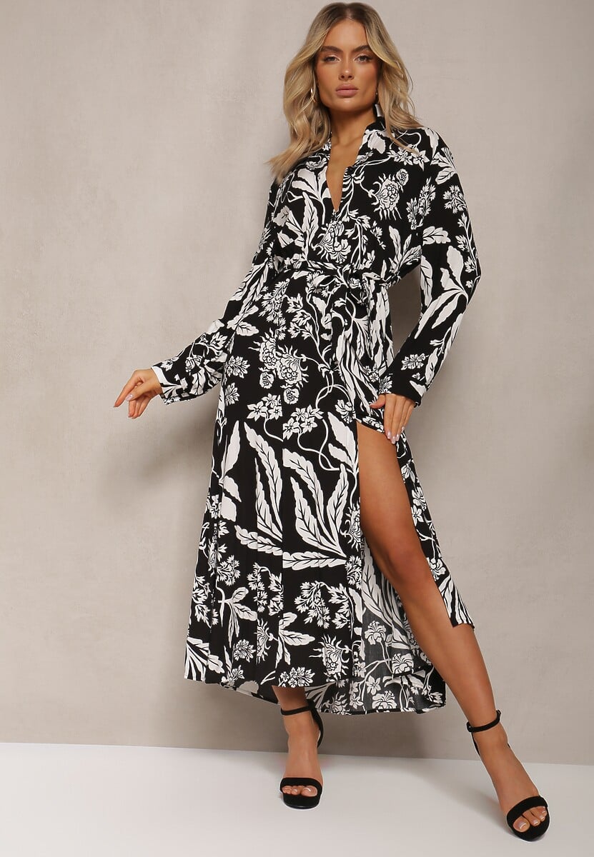 Zielono-Biała Sukienka o Długim Koszulowym Fasonie z Wzorem w Kwiaty Seraplle