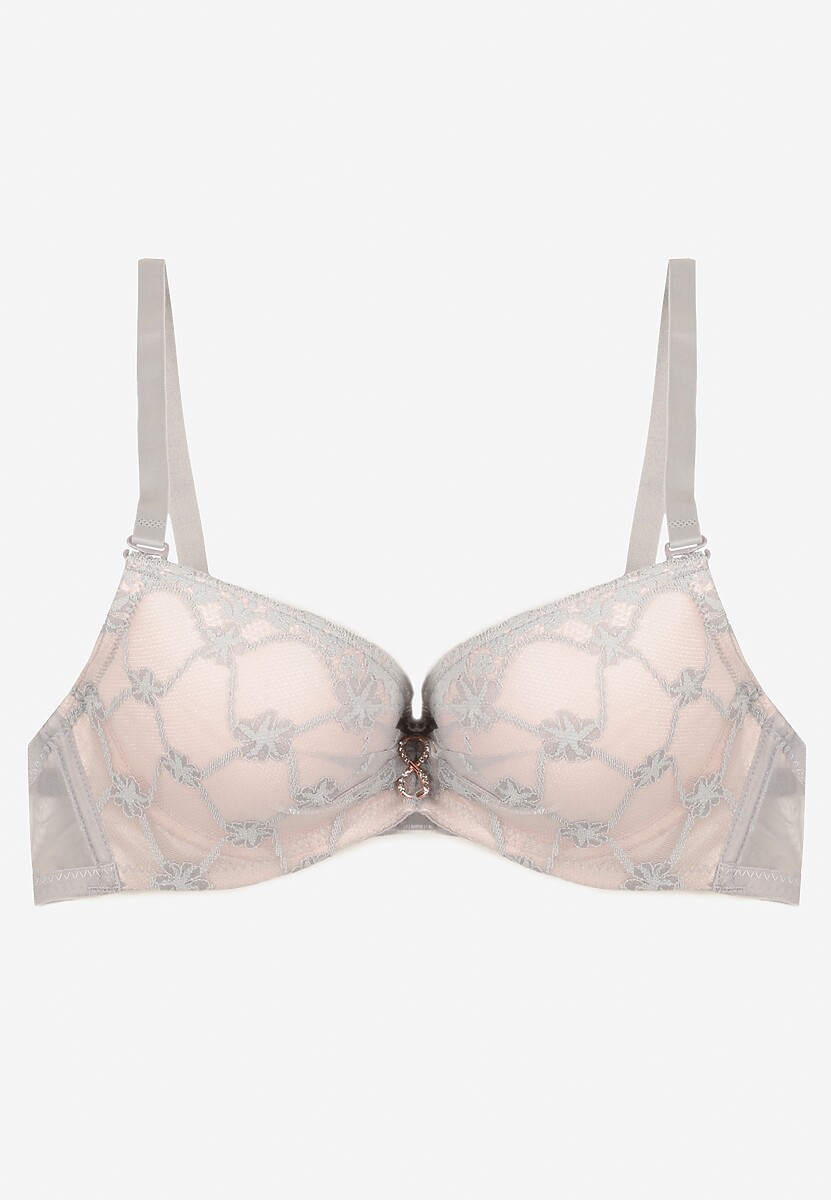 Szaro-Różowy Biustonosz Push Up z Koronką i Metaliczną Ozdobą Norirae