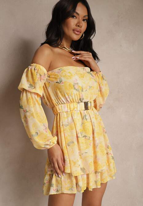 Żółta Sukienka Hiszpanka z Wiskozy w Kwiaty z Paskiem i Falbanami Zelmoi