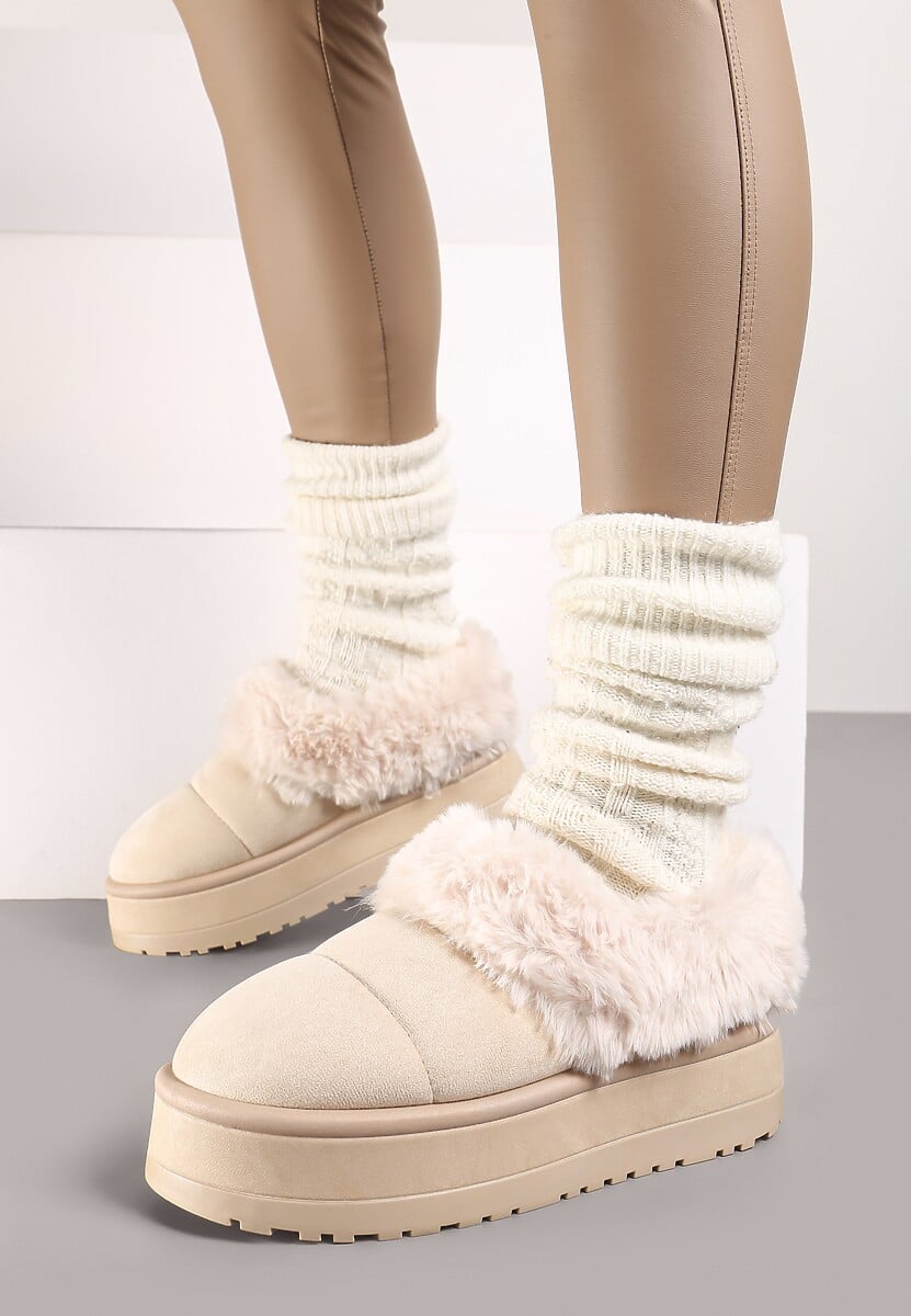 Beżowe Śniegowce na Grubej Podeszwie z Pikowanego Materiału Ozdobione Futerkiem Avirorae