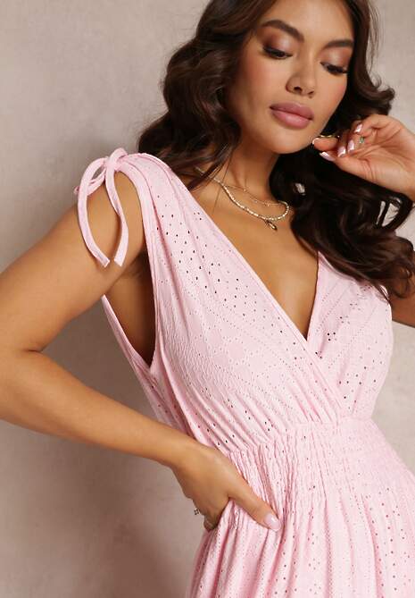 Różowa Sukienka Rozkloszowana z Kopertowym Dekoltem Elices