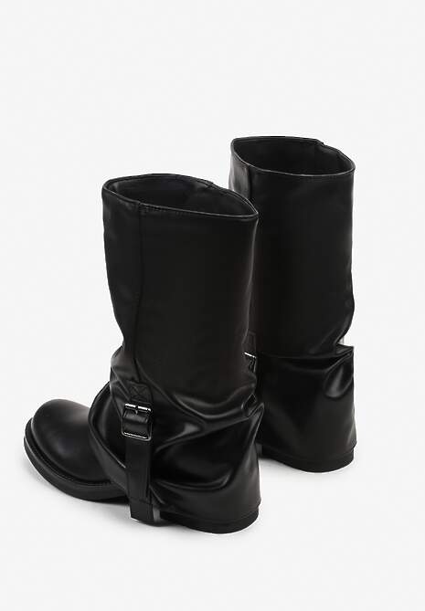 Czarne Botki Bikery z Wywiniętą Cholewką z Marszczeniem i Klamrą Fenilea