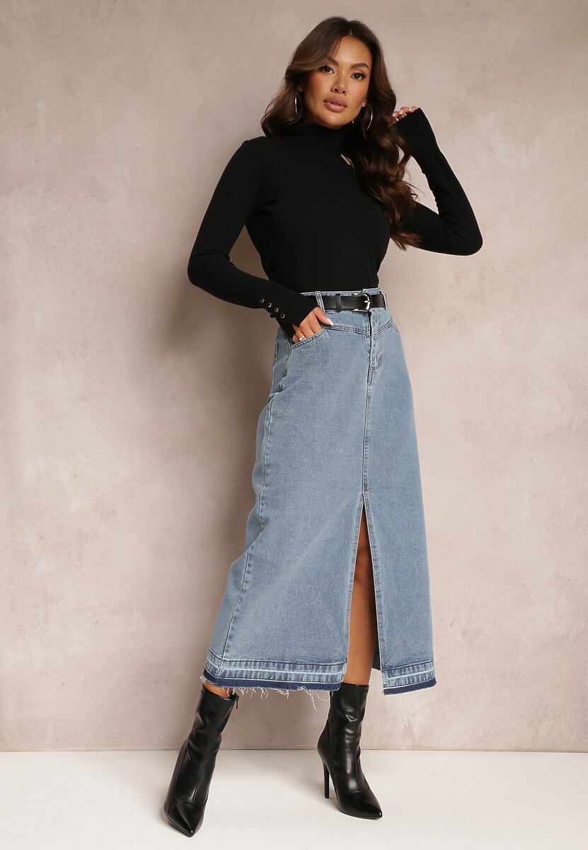 Granatowa Ołówkowa Spódnica Jeansowa z Paskiem w Komplecie Olvane