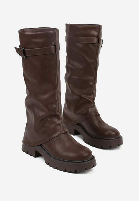 Ciemnobrązowe Kozaki VICES z Marszczoną Cholewką Imitującą Nogawkę ze Sprzączką Valles