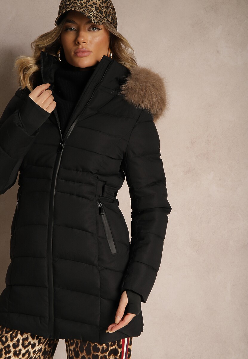 Czarno-Brązowa Pikowana Kurtka z Podszewką z Polarem i Kapturem z Futrzanym Obszyciem Eventina