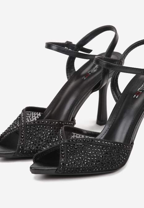 Czarne Eleganckie Sandały na Szpilce Ozdobione Cyrkoniami  Viofera