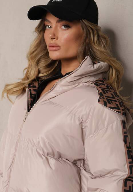 Beżowa Casualowa Kurtka Dwustronna Typu Puffer ze Ściągaczami i Kapturem Erisalanne