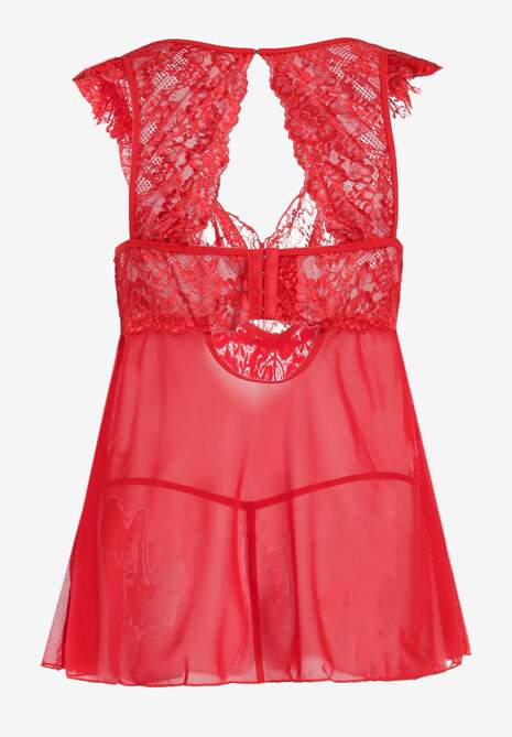 Czerwona Koronkowa Koszula Nocna Mini z Siateczki ze Stringami w Komplecie Tuala