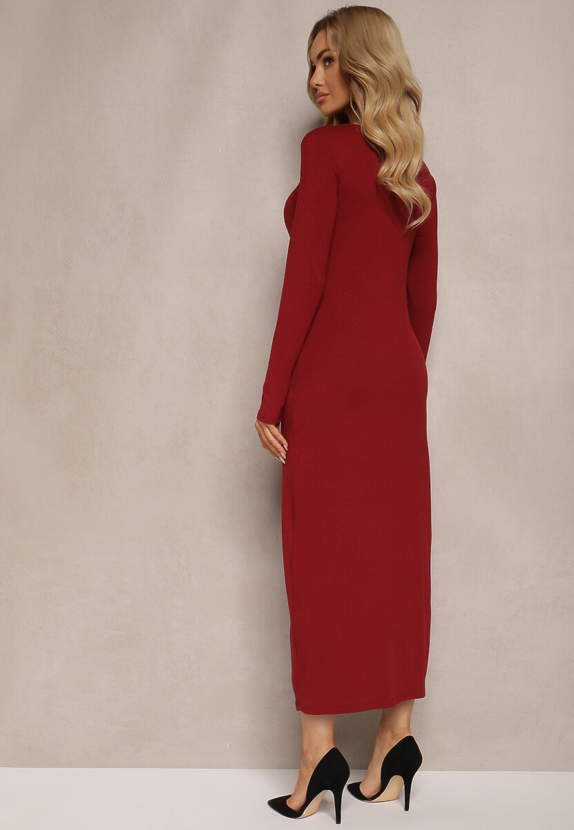 Bordowa Sukienka z Wiskozą o Dopasowanym Kroju na Guziki Linnevia