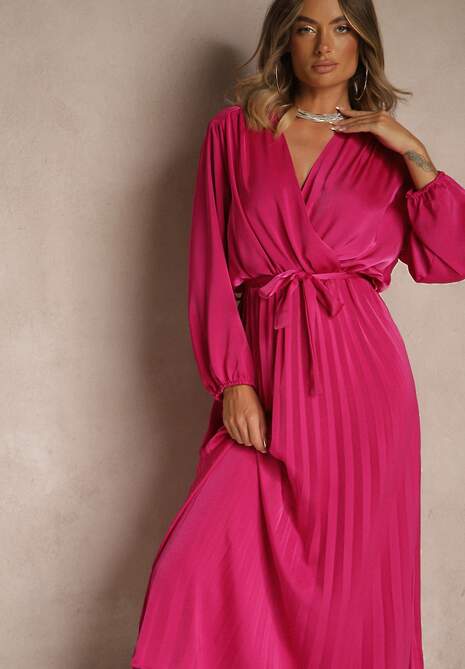 Fuksjowa Maxi Sukienka z Plisowanym Dołem i Kopertowym Dekoltem Basila