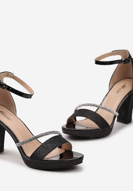 Czarne Sandały na Obcasie Ozdobione Brokatowym Połyskiem i Cyrkoniami Sevana