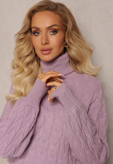 Fioletowy Sweterkowy Golf o Warkoczykowym Splocie Taitusi