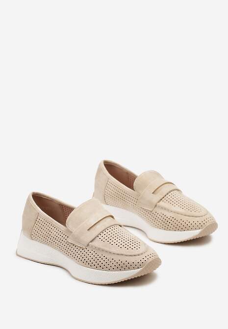 Beżowe Półbuty Ozdobione Perforacją na Grubej Podeszwie Liraleisa