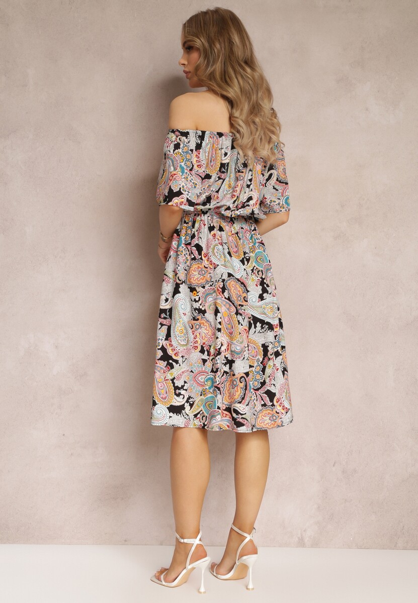 Beżowo-Czarna Bawełniana Sukienka Hiszpanka z Gumką w Pasie i Wzorem Paisley Temika