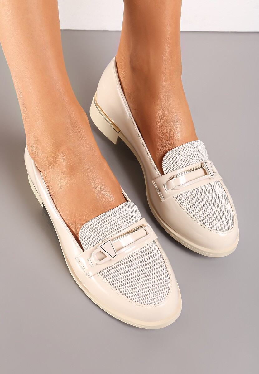 Beżowe Mokasyny z Metalowymi Złotymi Wstawkami i Brokatem Brilane