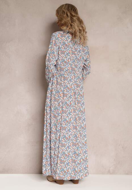 Niebieska Kwiecista Sukienka z Kołnierzem i Długimi Rękawami Nataski