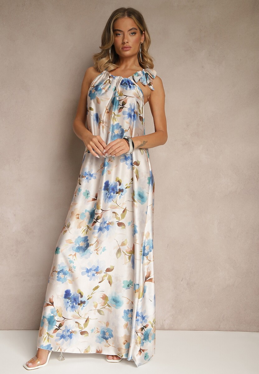 Jasnoniebieska Sukienka z Satyny w Kwiatowy Wzór Fenimea