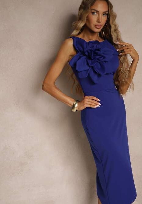 Niebieska Koktajlowa Asymetryczna Sukienka Vices z Kwiatem 3D i Falbankami Tolelira