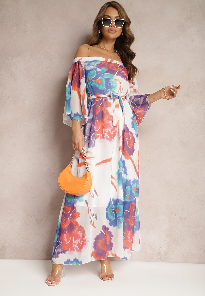 Biało-Różowa Trapezowa Sukienka z Paskiem o Rozkloszowanym Kroju Nellaopa